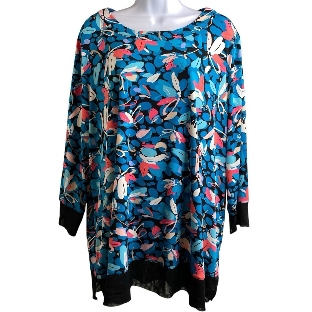 ANNE KLEIN Womens Blue Floral Tunic Top L Mesh Hem Art to Wear Flowy Layering